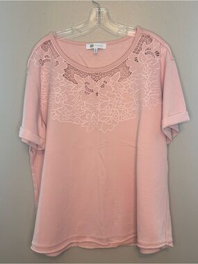 Fever Blush Pink Lace-Yoke Short Sleeve Top